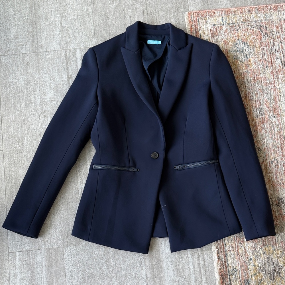 J. McLaughlin Navy Scuba Knit Blazer Size 0 Petite Career Preppy